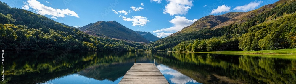 A serene landscape featuring a calm lake reflecting surrounding mountains and trees under a blue sky with fluffy clouds. A serene landscape featuring a calm lake reflecting surrounding mountains and trees under a blue sky with fluffy clouds.
