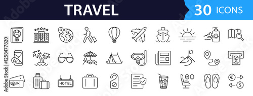 Travel and Tourism set of web icons in line style.Travel and vacation icons for web and mobile app. Airport, tickets, tour, relax, hotel, recreational rest, service. Vector illustration