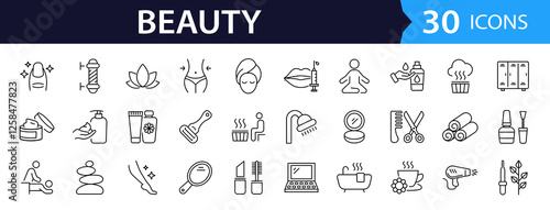 Beauty and Spa set of web icons in line style. Cosmetics services & Spa icons for web and mobile app. Spa treatments, skin care, massage, hyaluronic acid, serum, anti ageing, pore tighten, cosmetology