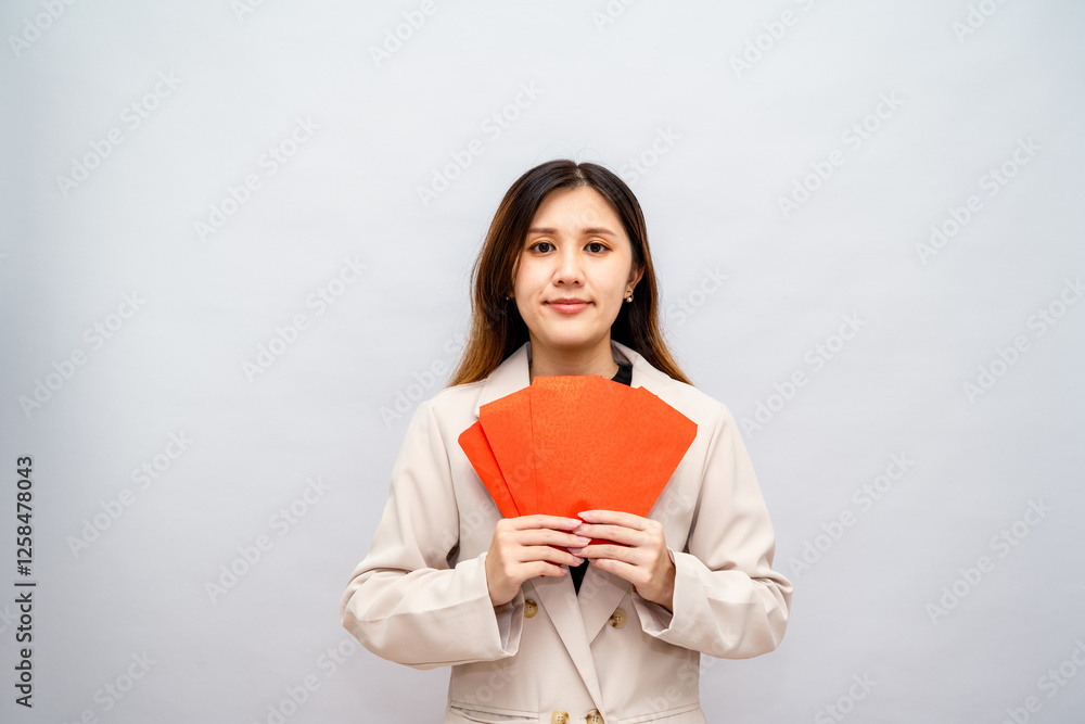 Woman Holding a Red Envelope with Money,Lunar New Year Red Packet with Cash,Bonus and Salary Concept – Financial Success and Wealth Woman Holding a Red Envelope with Money,Lunar New Year Red Packet with Cash,Bonus and Salary Concept – Financial Success and Wealth