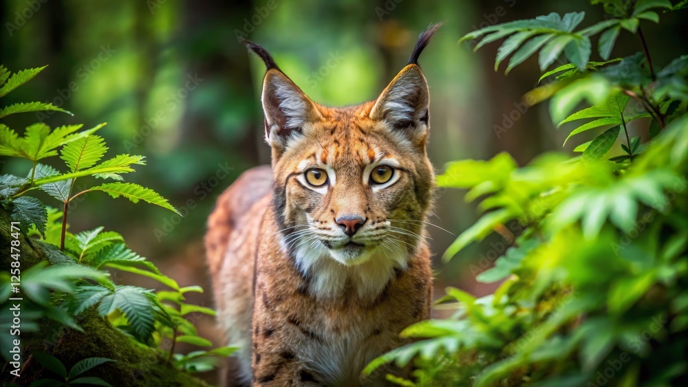 Lynx in Wilderness Among Green Foliage and Soft Forest Light Lynx in Wilderness Among Green Foliage and Soft Forest Light