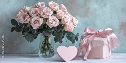 Delicate floral arrangement of blush pink roses in a clear glass vase with a pastel gift box and heart accent, creating a soft and romantic decor setting photo