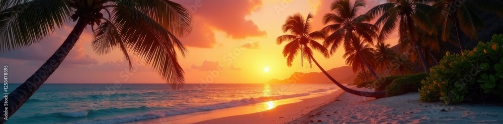 Sunset over palm trees on tropical sandy beach, palm tree, wave Sunset over palm trees on tropical sandy beach, palm tree, wave