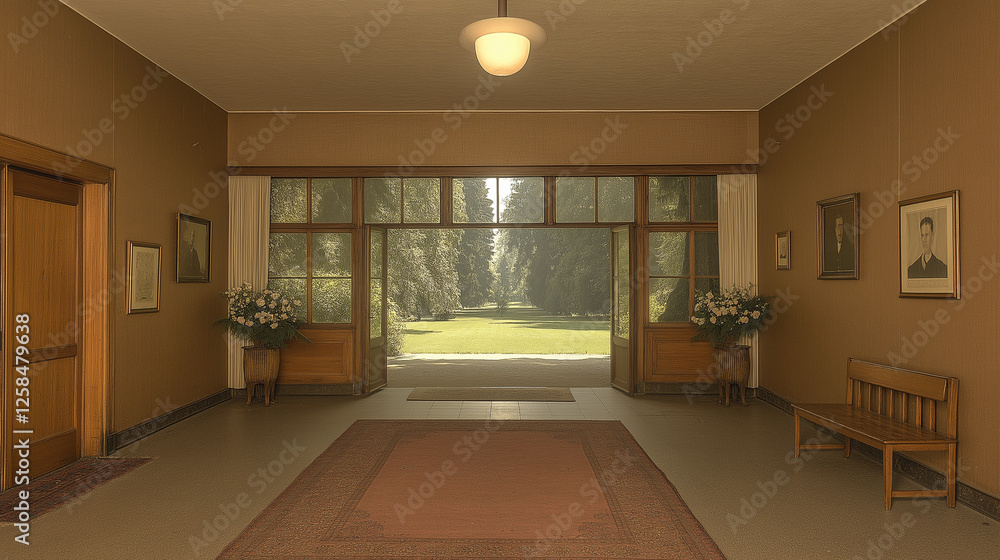 Classic Hallway View: A timeless image of an elegant hallway bathed in soft, natural light. The expansive French doors, framing a picturesque garden, beckon you through. Classic Hallway View: A timeless image of an elegant hallway bathed in soft, natural light. The expansive French doors, framing a picturesque garden, beckon you through.