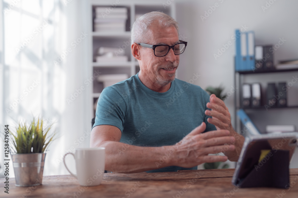 Cheerful mature man gesturing while video conferencing with colleagues or family on digital tablet, sitting at wooden table with cup of coffee in modern home office Cheerful mature man gesturing while video conferencing with colleagues or family on digital tablet, sitting at wooden table with cup of coffee in modern home office