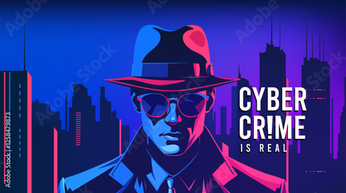 Vector illustration of a mysterious man wearing a hat and glasses with light reflection. This design can be conceptualized about cybercrime such as phishing, fraud and others.