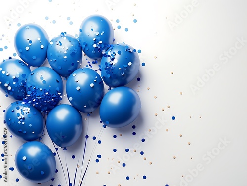 Photorealistic blue balloons and confetti on a white background, creating a festive birthday party scene with copy space.