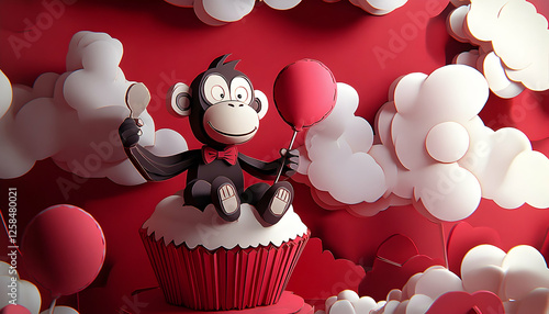 Cartoon monkey on cupcake with balloons; celebration; whimsical scene; digital art; children's book illustration photo