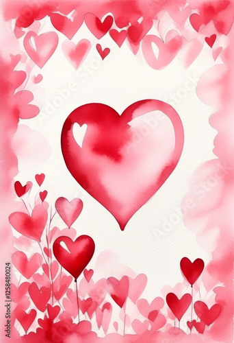 Ein großes Aquarell-Herz in der Mitte, umgeben von kleineren roten und rosa Herzen in einem sanften, verspielten Rahmen. Perfekt für romantische Botschaften. Generative KI.