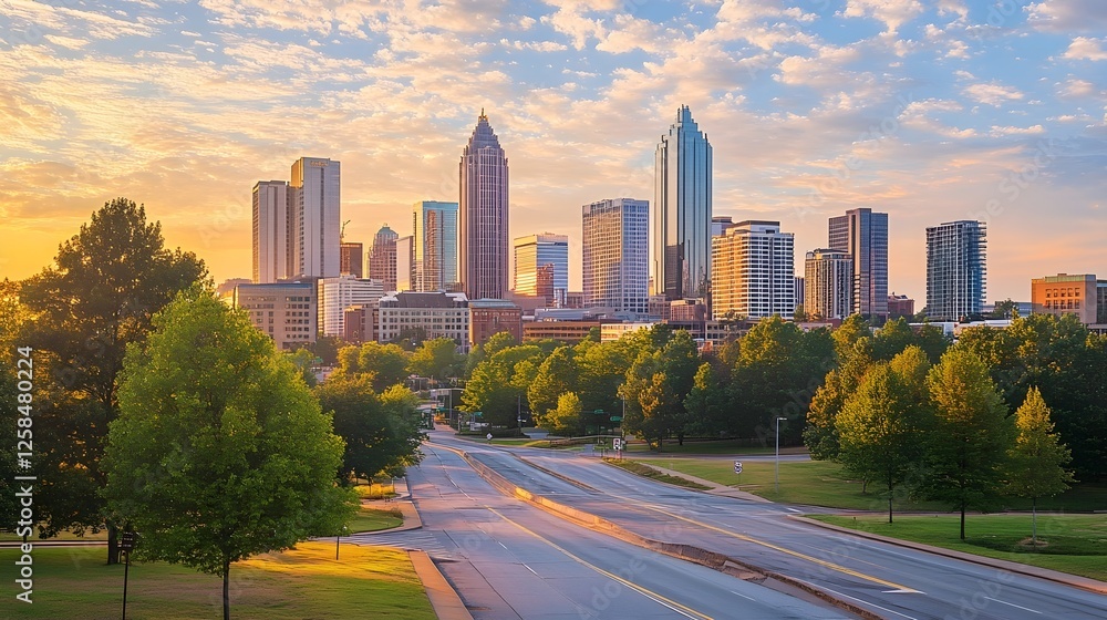 Obraz premium Atlanta City Skyline at Sunrise with Empty Road and Lush Greenery