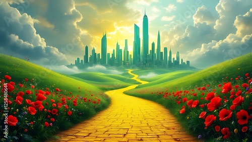 Yellow brick road leading through poppy field to green emerald city in the distance. Wizard of Oz concept.