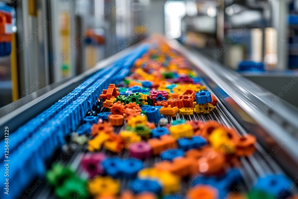Vibrant plastic gears move along a conveyor belt in a factory, showcasing production and manufacturing processes Vibrant plastic gears move along a conveyor belt in a factory, showcasing production and manufacturing processes