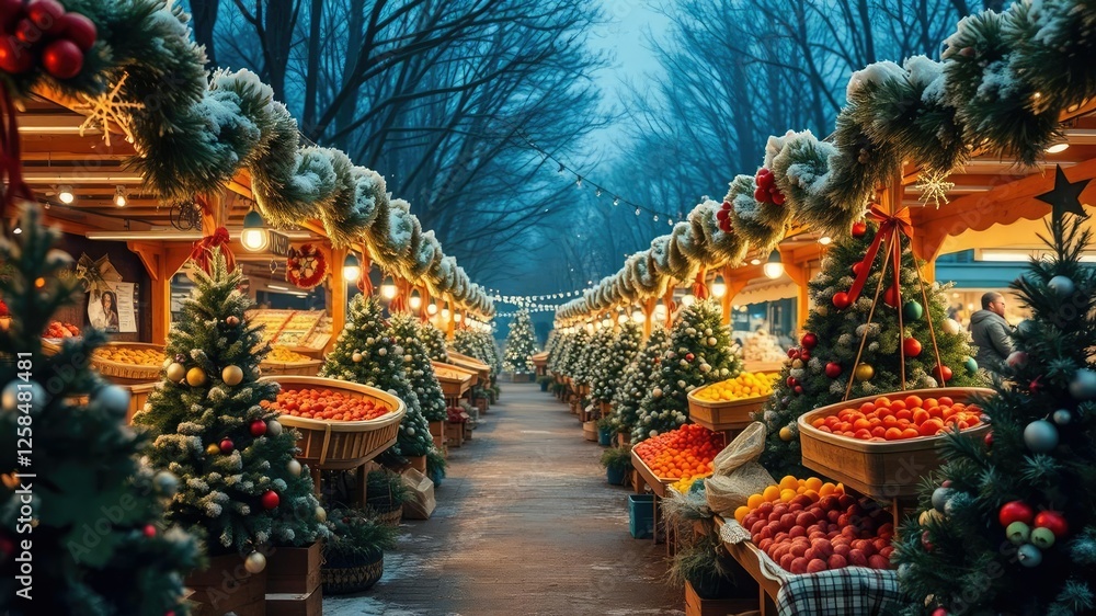 Obraz premium Festive Holiday Market with Christmas Trees and Winter Fruits, cozy atmosphere, festive decorations, christmas trees