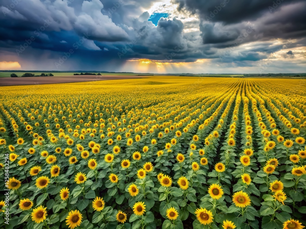 Obraz premium Aerial View of Sunflowers Field, Gray Sky, Drone Photography, Summer Landscape