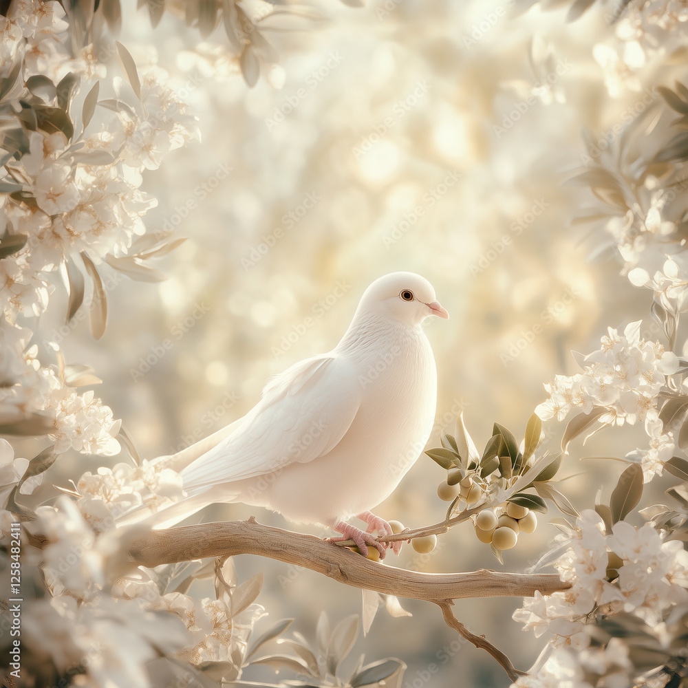 a close-up of a peaceful white dove perched on a wooden branch, gently holding green olive branch, softly lit by diffused natural daylight with a blurred forest background a close-up of a peaceful white dove perched on a wooden branch, gently holding green olive branch, softly lit by diffused natural daylight with a blurred forest background