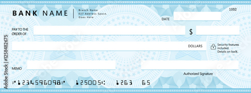 Blank bank check, checkbook cheque template with blue guilloche, vector mockup. Money payment bank check voucher or pay cash cheque certificate, account bill paycheck with guilloche pattern
