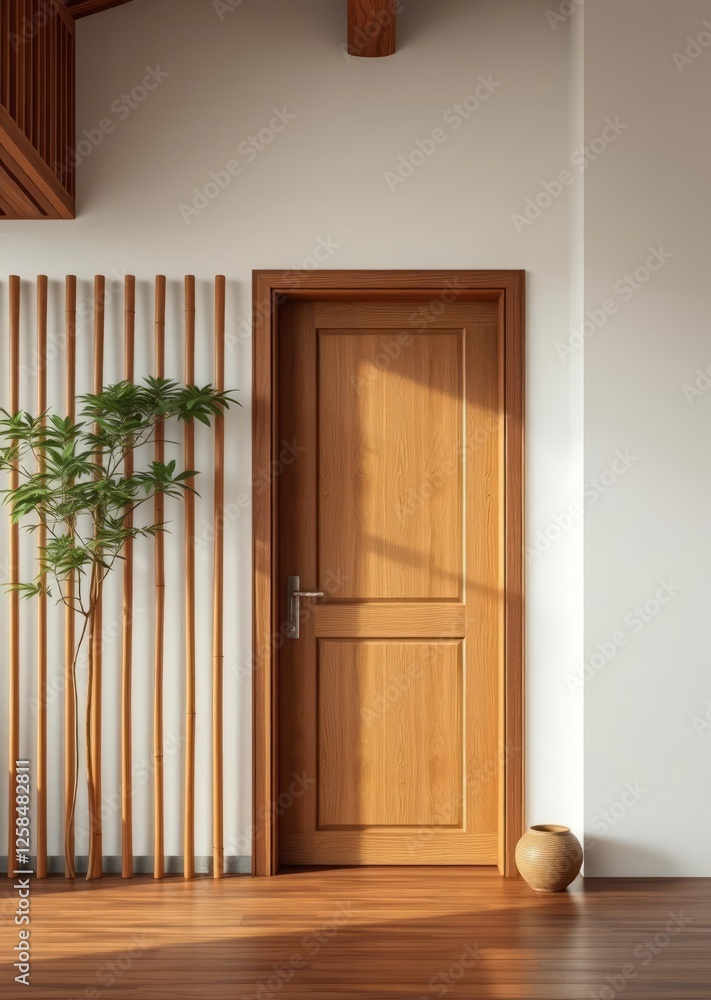 Interior space showcasing a wooden door and a stylish bamboo fence aesthetic design concept bamboo house background beautiful bamboo asian seaport baltic sea antebellum