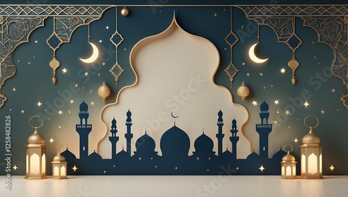 Elegant Islamic Mosque Night Scene with Moon, A beautifully designed mosque silhouette under a starry night, perfect for cultural events or decorations.