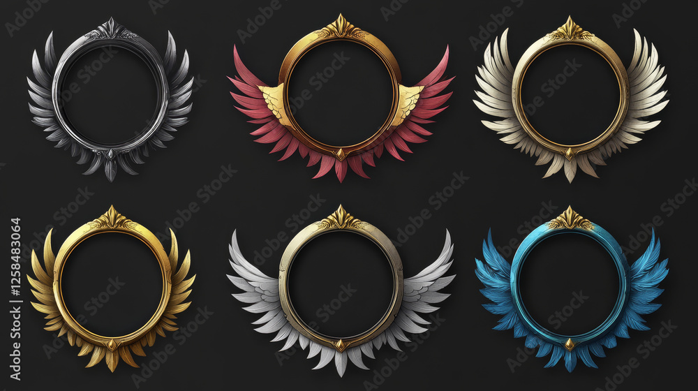 Cartoon set of round avatar frames isolated on background. Vector illustration of simple and decorated with wings golden, silver, bronze, different color circles. Game user interface design elements Cartoon set of round avatar frames isolated on background. Vector illustration of simple and decorated with wings golden, silver, bronze, different color circles. Game user interface design elements