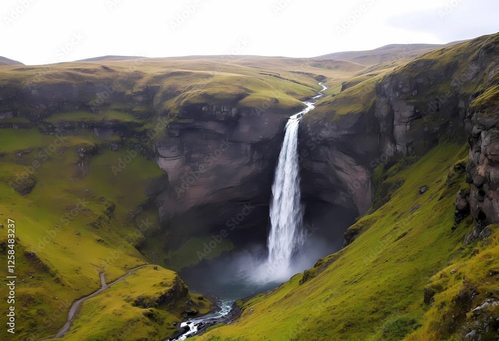 Majestic Icelandic Waterfall Plunging into a Verdant Valley Majestic Icelandic Waterfall Plunging into a Verdant Valley