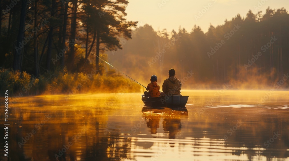Two individuals enjoy a serene fishing experience on a calm lake at dawn, with golden mist rising from the water and trees framing the peaceful setting. Two individuals enjoy a serene fishing experience on a calm lake at dawn, with golden mist rising from the water and trees framing the peaceful setting.