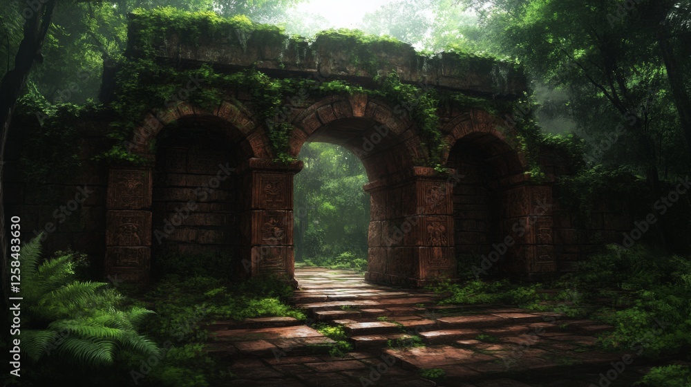 Obraz premium Ancient stone archway, overgrown with lush green vegetation, leads to a mysterious path into a dense forest. A sense of mystery and wonder fills the scene.