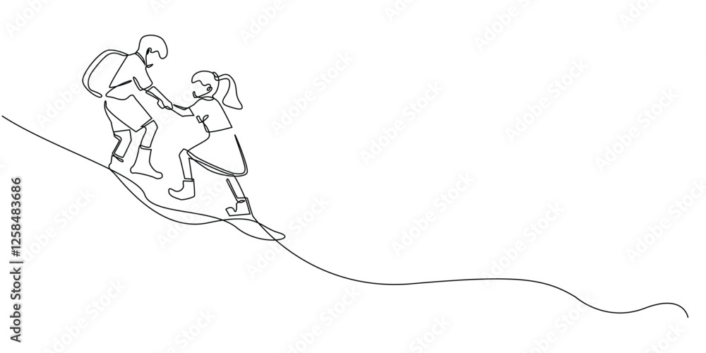 continuous line of brother helping sister.one line drawing of brother pulling sister's hand while adventuring outdoors.single line vector illustration continuous line of brother helping sister.one line drawing of brother pulling sister's hand while adventuring outdoors.single line vector illustration