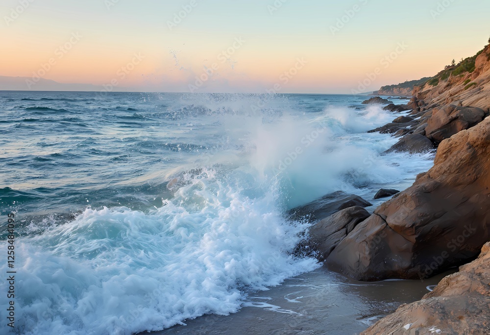Fototapeta premium Ocean Waves Crashing on Rocky Coast at Dawn