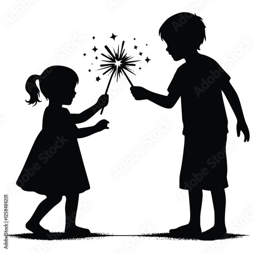 Silhouette children playing with sparklers generative ai