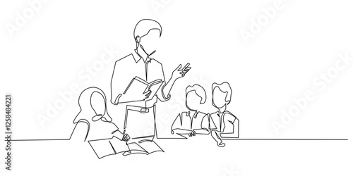 continuous line of teaching and learning activities.one line drawing of male teacher teaching in class surrounded by students.single line vector illustration.isolated white background