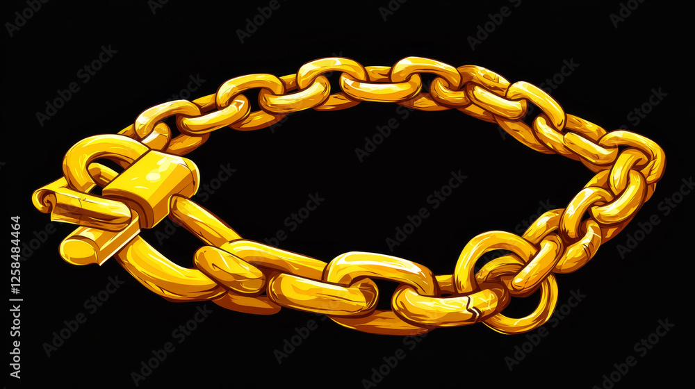 Obraz premium Golden chains with whole and broken links, gold bob and padlock, connected yellow metal rings. Heavy decorative or jewelry elements, bracelets isolated on black background Cartoon vector illustration