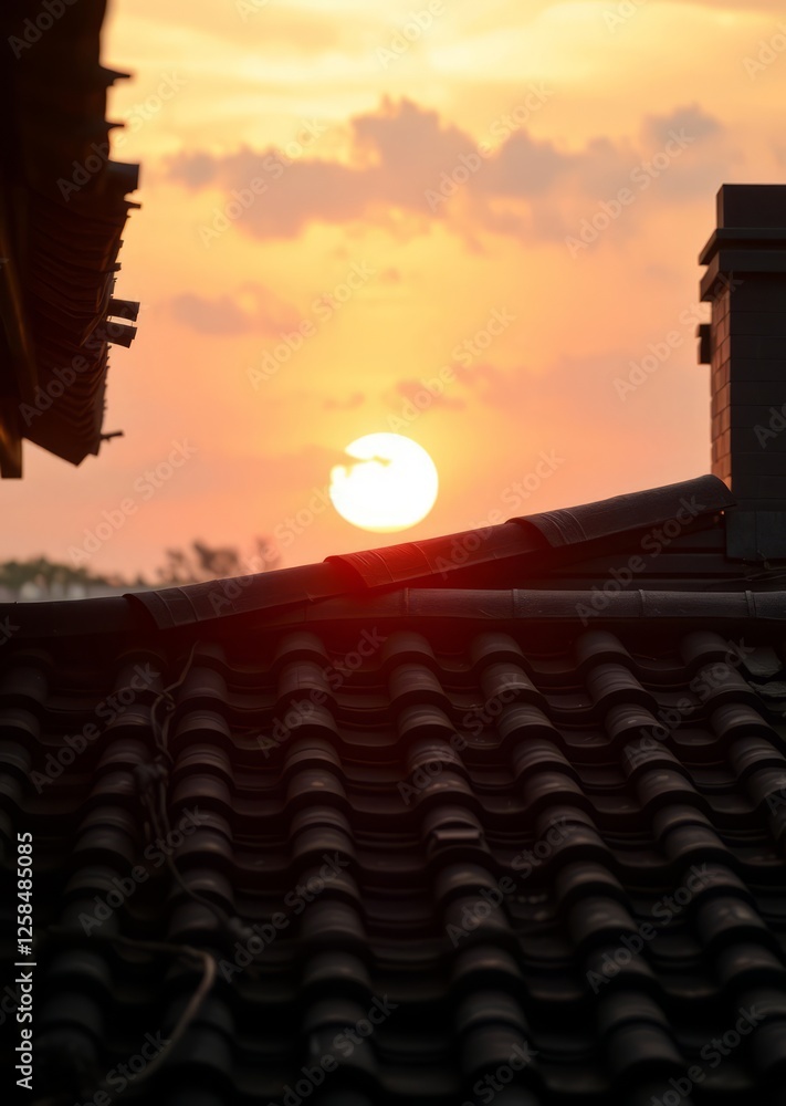 Beautiful sunset view of roof tiles bamboo house background beautiful bamboo asian seaport baltic sea antebellum