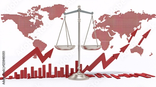 creative illustration of a scale balancing China on one side and the world economy on the other, with downward arrows indicating imbalance, isolated on white China and the World Economy [China]:[Econo photo