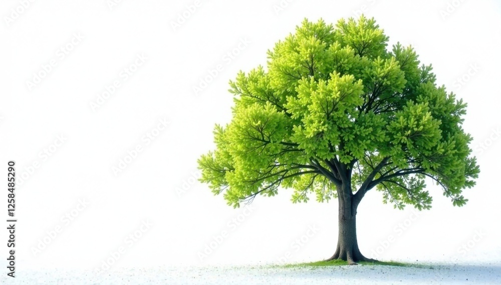 Tall deciduous tree with vibrant green leaves on a snow-covered white background, snowy forest, evergreen, cold weather Tall deciduous tree with vibrant green leaves on a snow-covered white background, snowy forest, evergreen, cold weather