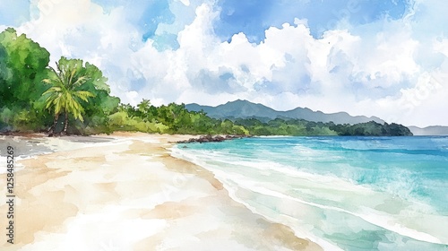 Idyllic watercolor landscape showcasing a vibrant tropical beach