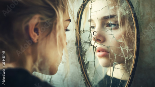 Reflection of emotion captured in a broken mirror depicting introspection and solitude
