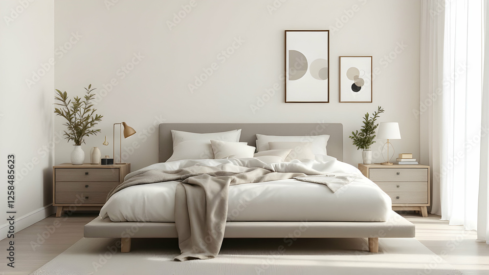 Calming Bedroom: A minimalist bedroom with a low platform bed, neutral bedding, and a few geometric art pieces. Calming Bedroom: A minimalist bedroom with a low platform bed, neutral bedding, and a few geometric art pieces.