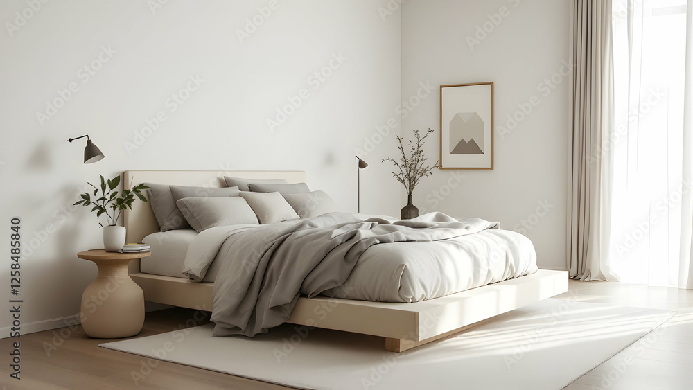 Calming Bedroom: A minimalist bedroom with a low platform bed, neutral bedding, and a few geometric art pieces. Calming Bedroom: A minimalist bedroom with a low platform bed, neutral bedding, and a few geometric art pieces.