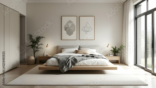 Calming Bedroom: A minimalist bedroom with a low platform bed, neutral bedding, and a few geometric art pieces.