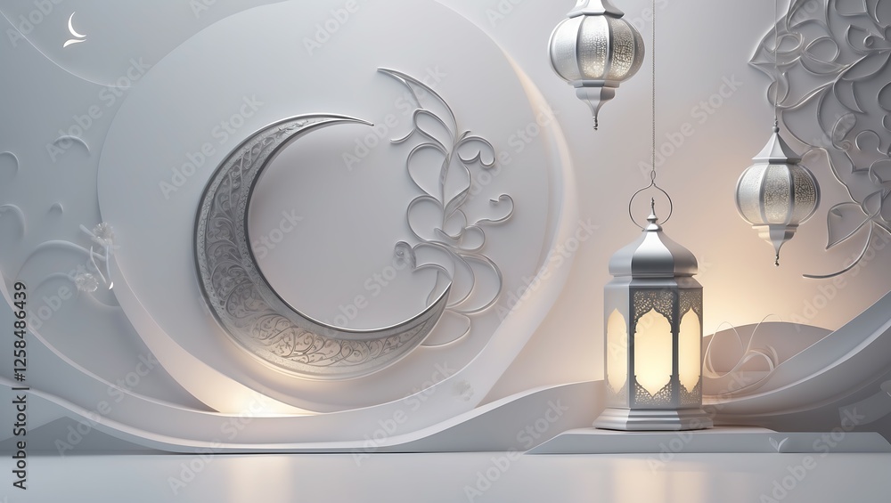 Islamic Ramadan Background, Elegant Silver Lanterns and Crescent Moon Decor Islamic Ramadan Background, Elegant Silver Lanterns and Crescent Moon Decor