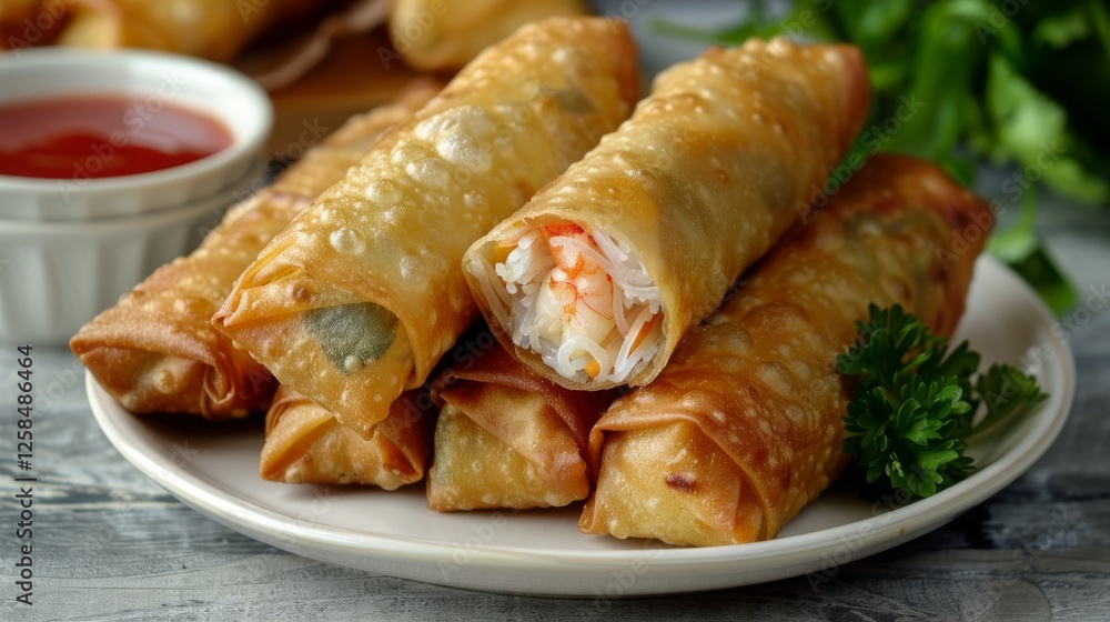 Golden spring rolls: Freshly fried, with one cut open to reveal a steaming hot filling of vegetables and shrimp. Golden spring rolls: Freshly fried, with one cut open to reveal a steaming hot filling of vegetables and shrimp.