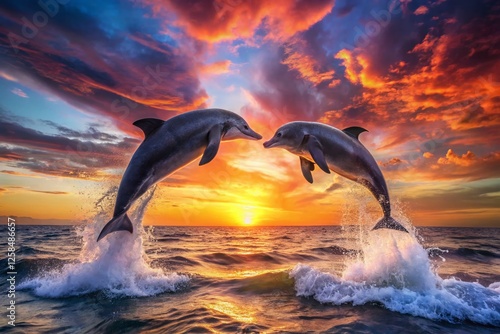 Two Dolphins Jumping Heart Shape Pink Sunset Ocean Stock Photo photo