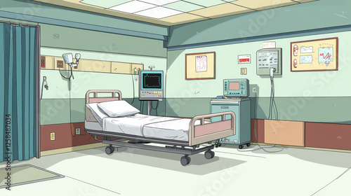 Hospital ward interior with adjustable bed, medical monitor and drop counter. Vector cartoon illustration of empty room in clinic for treatment sick patients