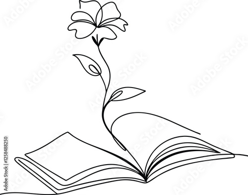 Elegant OneLine Drawing Flower Blooming from Open Book