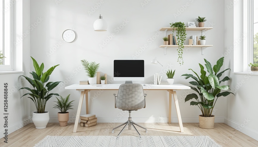 Home office setup modern workspace interior design bright environment aerial view minimalist concept Home office setup modern workspace interior design bright environment aerial view minimalist concept
