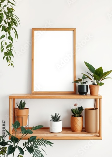 Mockup photo frame on brown bamboo shelf hipster plant pots white walls modern scandinavian room with floral concept bamboo house background beautiful bamboo asian seaport baltic sea antebellum