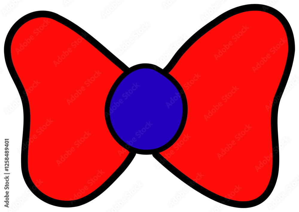 Fototapeta premium Hand drawn digital illustration of a patriotic butterfly in blue, red colors. The bow has a bold black outline with a solid blue body and a red stripe down the middle, giving it a playful and festive 