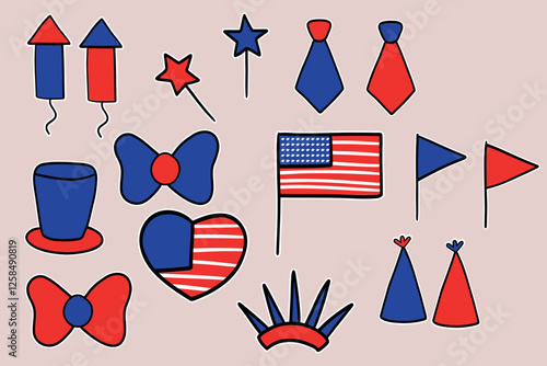 "A collection of hand-drawn patriotic icons in red, white, and blue, inspired by American Independence Day. The set includes fireworks, ties, party hats, flags, stars, bows, a heart, and a top hat, al