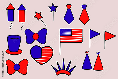 "A collection of hand-drawn patriotic icons in red, white, and blue, inspired by American Independence Day. The set includes fireworks, ties, party hats, flags, stars, bows, a heart, and a top hat, al