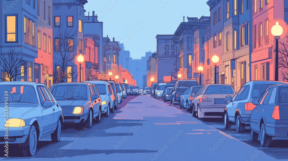 Obraz premium Cars standing on parking lot on city street. Cartoon vector illustration of urban landscape with parked automobiles on public zone with building silhouette, lamps and sign. Vehicle on town stop.